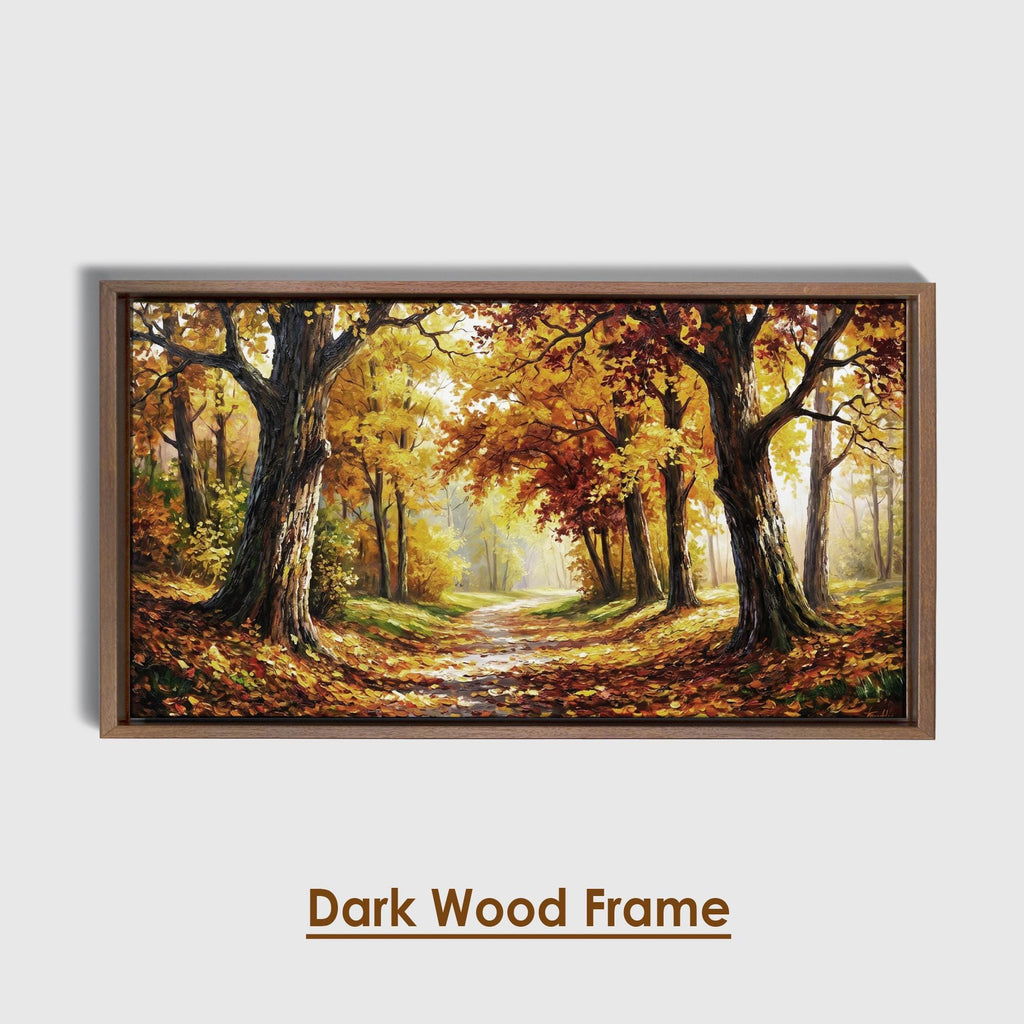 Autumn Forest Panoramic Oil Painting, Extra Wide Fall Landscape Canvas Print, Golden Tree Path Wall Art Decor