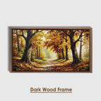 Autumn Forest Panoramic Oil Painting, Extra Wide Fall Landscape Canvas Print, Golden Tree Path Wall Art Decor