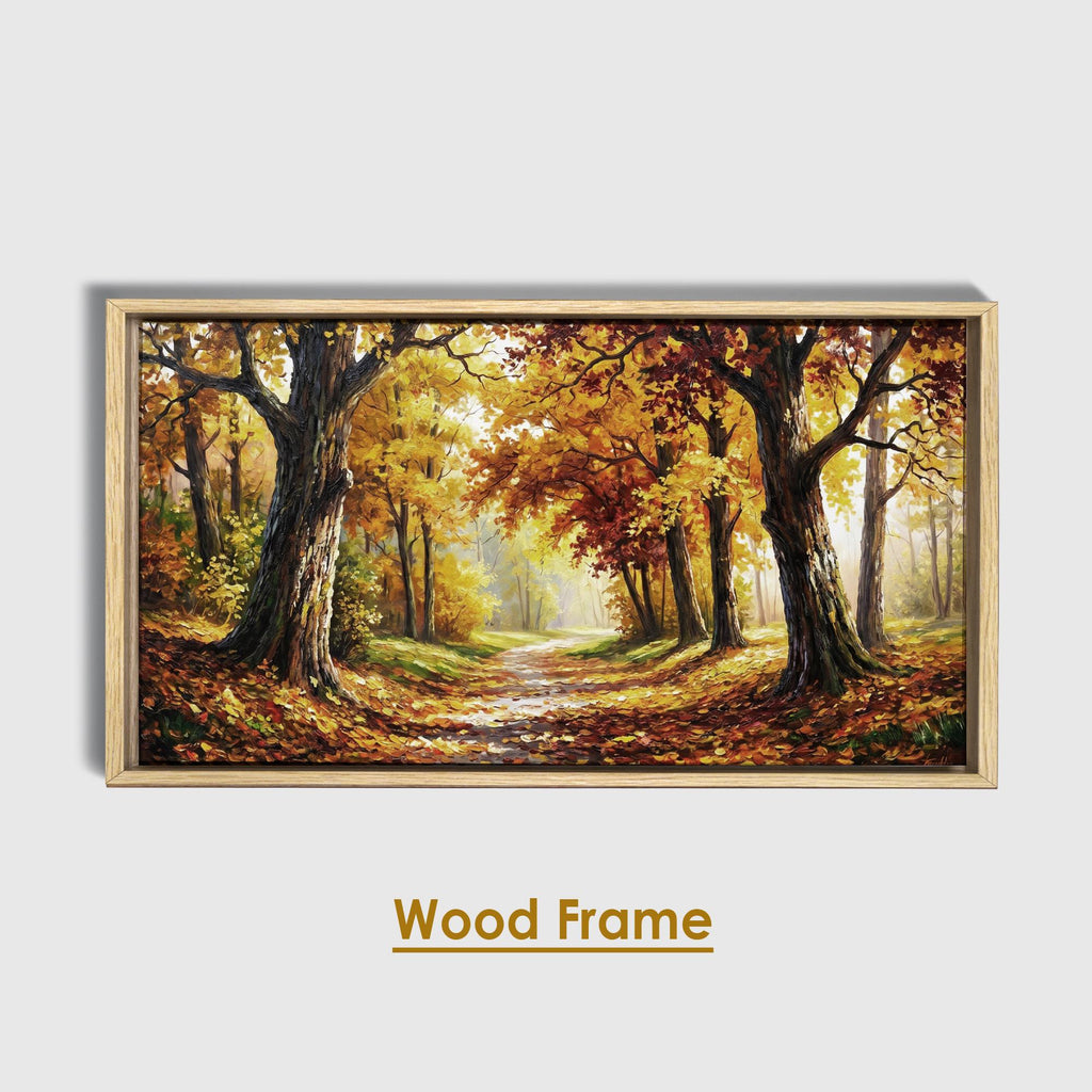 Autumn Forest Panoramic Oil Painting, Extra Wide Fall Landscape Canvas Print, Golden Tree Path Wall Art Decor