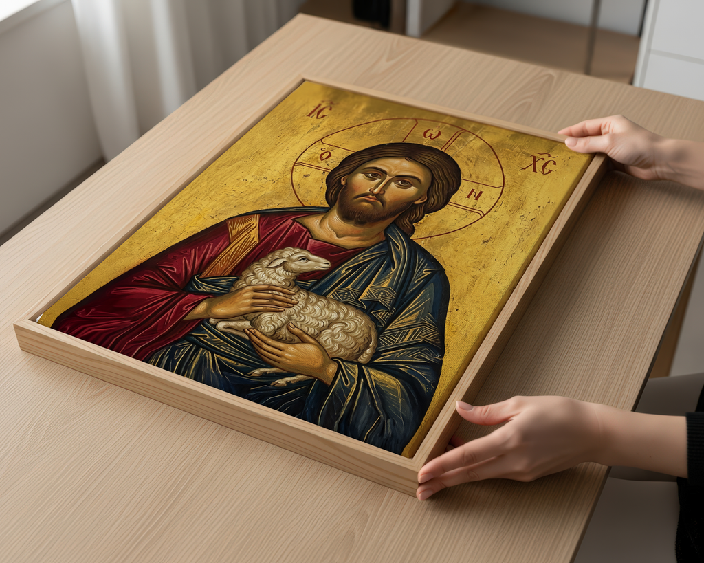 Jesus with Lamb Orthodox Icon Print, Christian Comfort Wall Art, Prayer Gift, Holygraceart