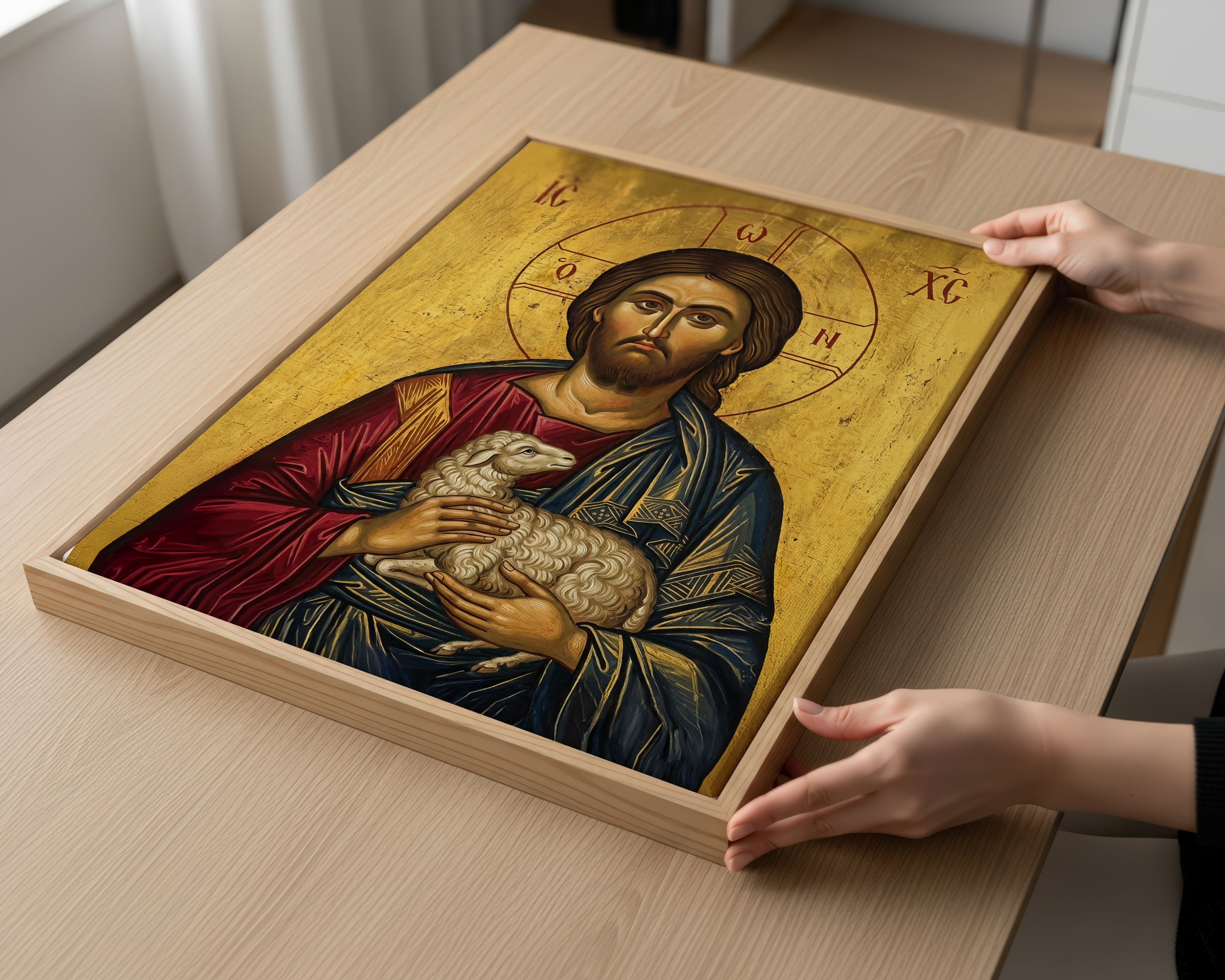 Jesus with Lamb Orthodox Icon Print, Christian Comfort Wall Art, Prayer Gift, Holygraceart