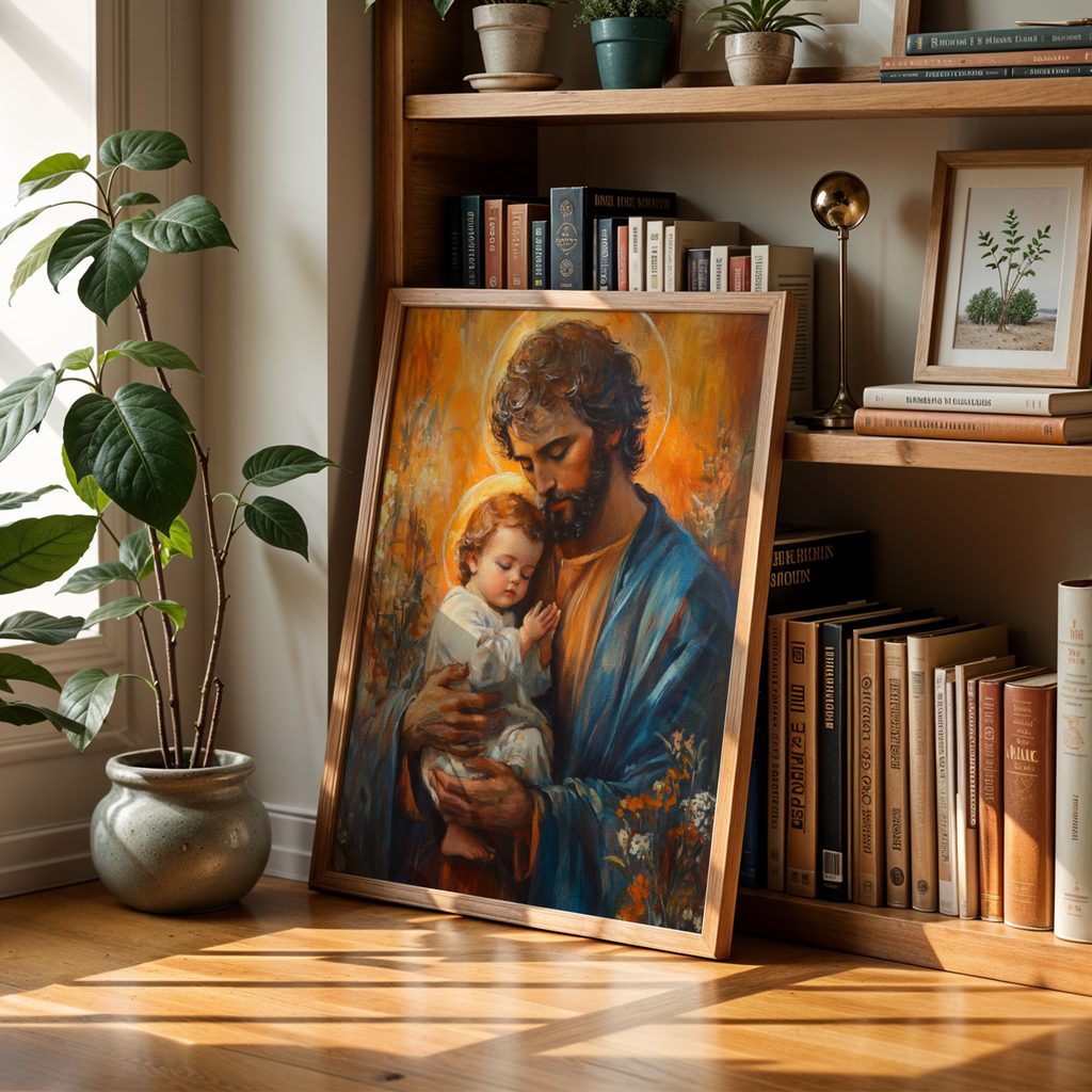 Saint Joseph with Child Jesus Print, Fathers Faith Gift, Christian Prayer Decor, Holygraceart