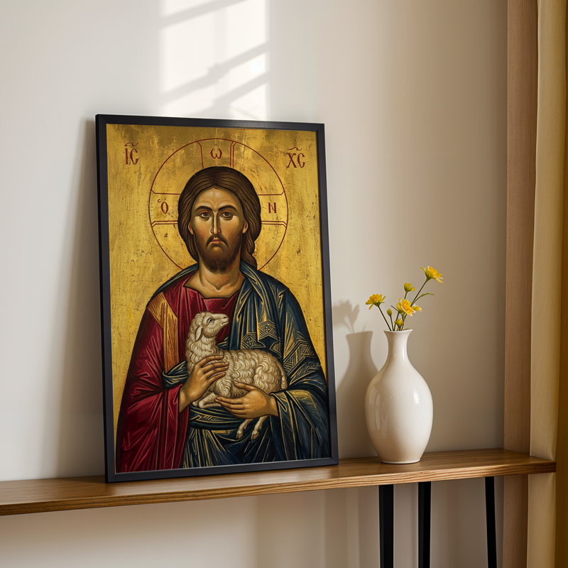Jesus with Lamb Orthodox Icon Print, Christian Comfort Wall Art, Prayer Gift, Holygraceart