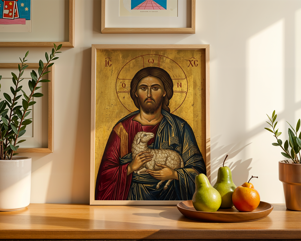 Jesus with Lamb Orthodox Icon Print, Christian Comfort Wall Art, Prayer Gift, Holygraceart
