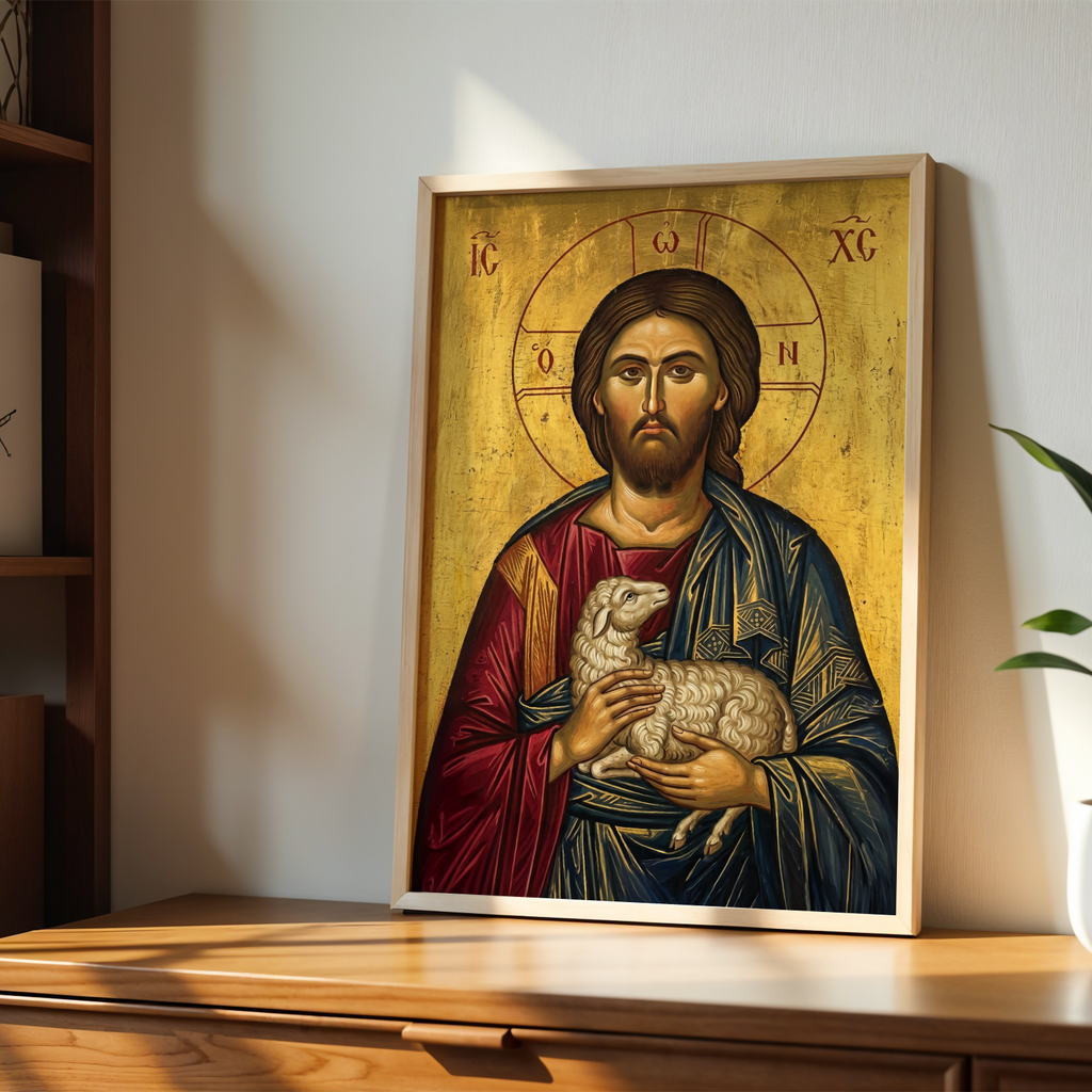 Jesus with Lamb Orthodox Icon Print, Christian Comfort Wall Art, Prayer Gift, Holygraceart