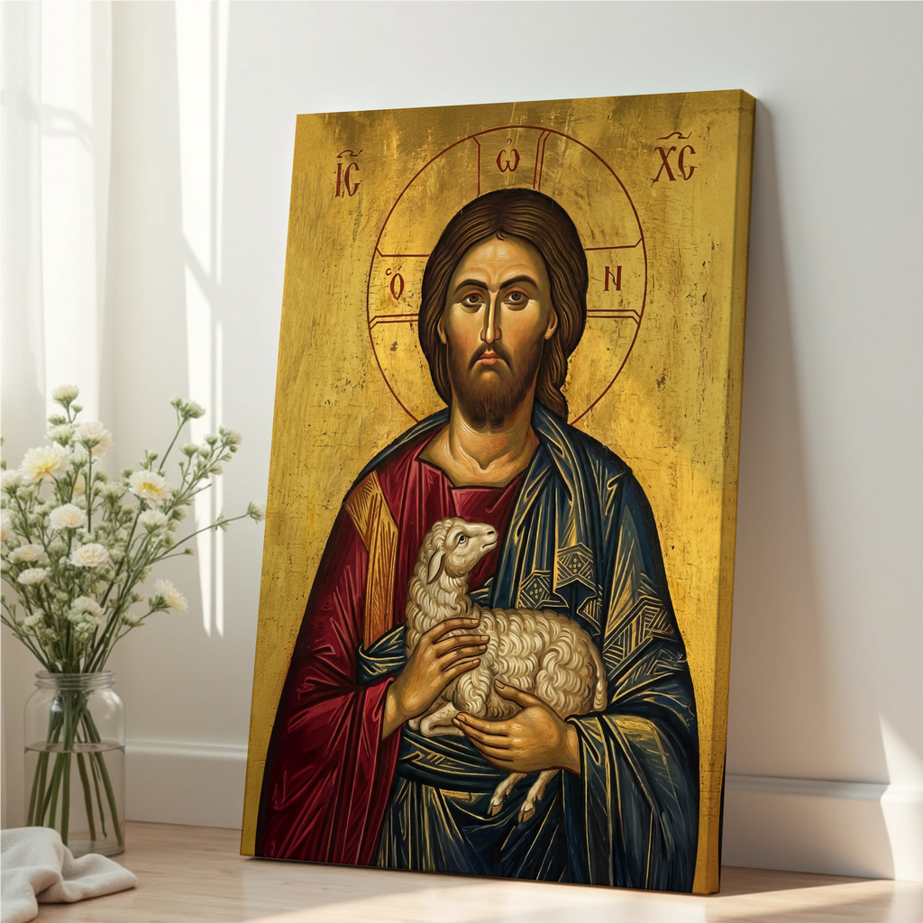 Jesus with Lamb Orthodox Icon Print, Christian Comfort Wall Art, Prayer Gift, Holygraceart