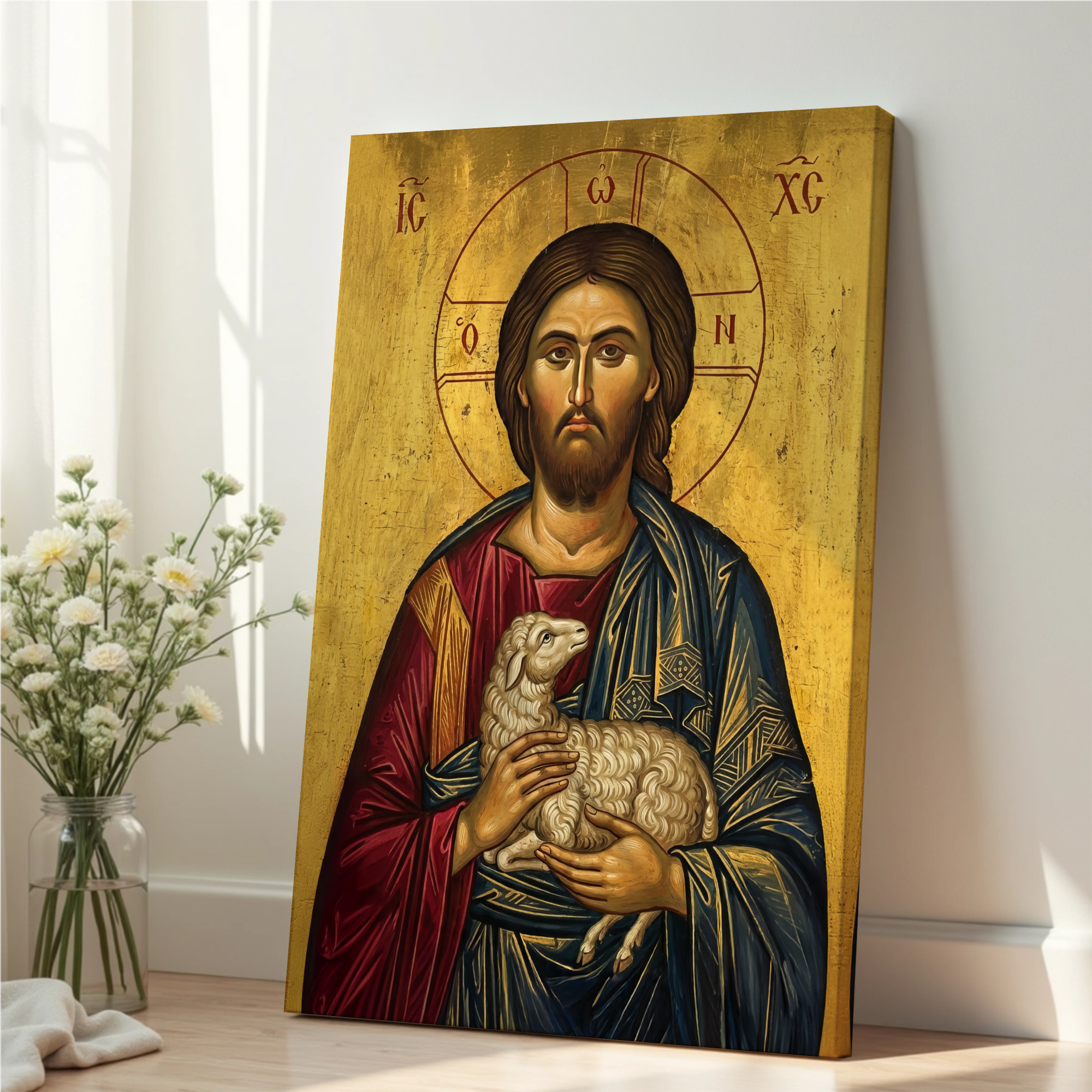Jesus with Lamb Orthodox Icon Print, Christian Comfort Wall Art, Prayer Gift, Holygraceart