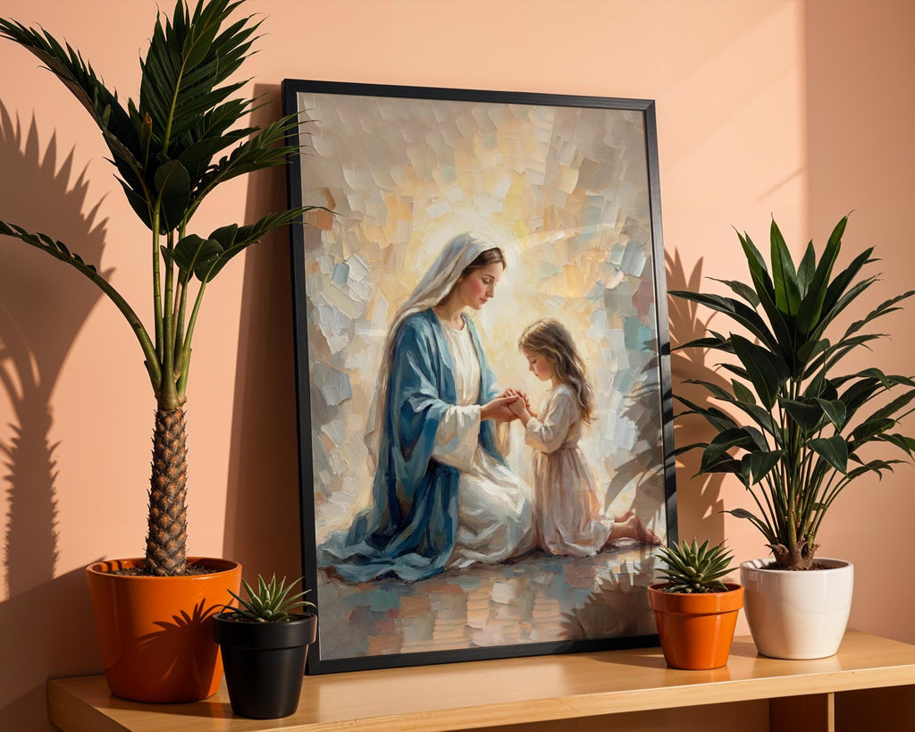 Virgin Mary Praying with Child Canvas Print, Marian Mother Daughter Faith Art