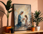 Virgin Mary Praying with Child Canvas Print, Marian Mother Daughter Faith Art