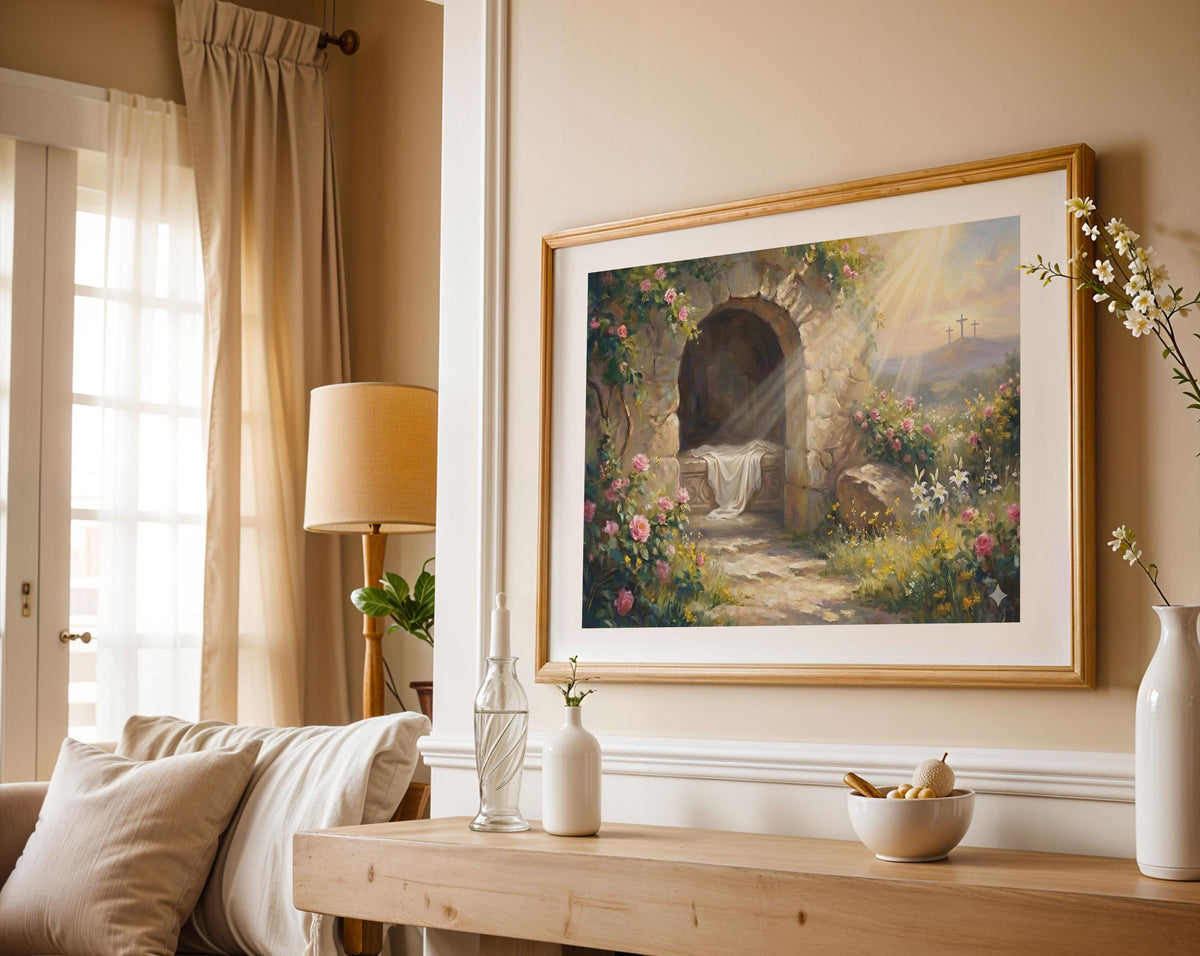Resurrection Canvas Print, Empty Tomb Sunrise Painting, Christian Easter Decor, Floral Garden Home Poster