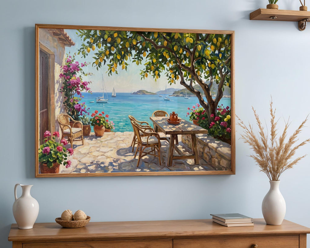 Amalfi Coast Lemon Tree Wall Art, Mediterranean Sea View Oil Painting, Italy Coastal Terrace Canvas, Summer Home Decor