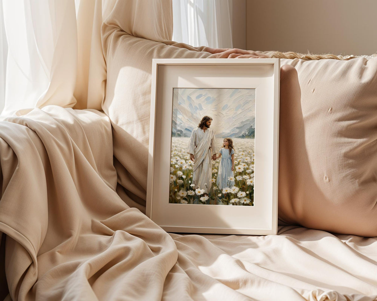 Jesus Walking with Child in Daisy Field Painting, Christian Wall Art, Religious Nursery Decor, Impasto Oil Canvas