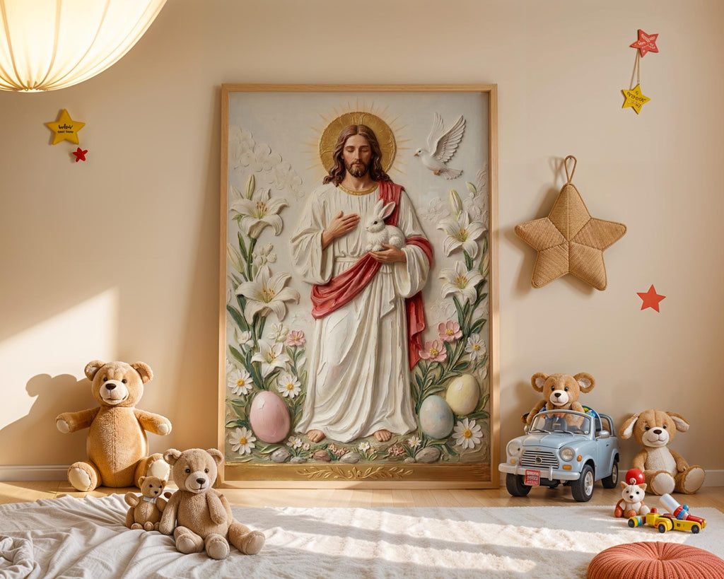 Jesus with Lamb, Lily & Dove – Art Print, Easter Gift