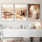 Christian Easter Wall Art Set, Crown of Thorns Empty Tomb Watercolor Prints