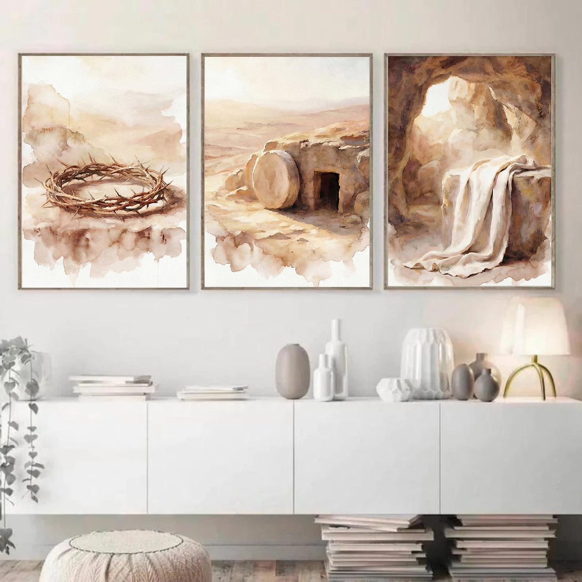 Christian Easter Wall Art Set, Crown of Thorns Empty Tomb Watercolor Prints
