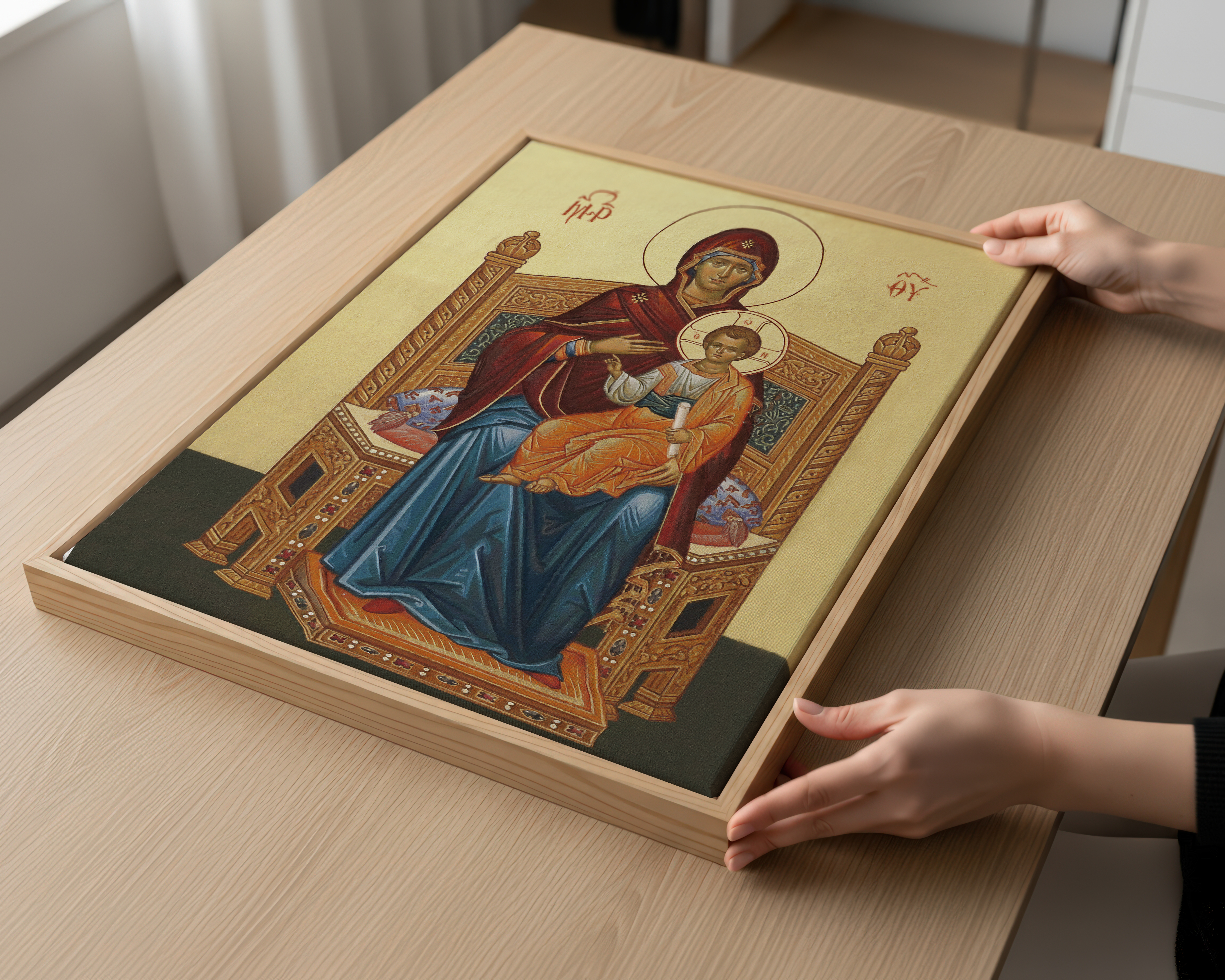 Mother of God Enthroned Orthodox Icon Wall Art, Marian Throne Devotional Art, Holygraceart
