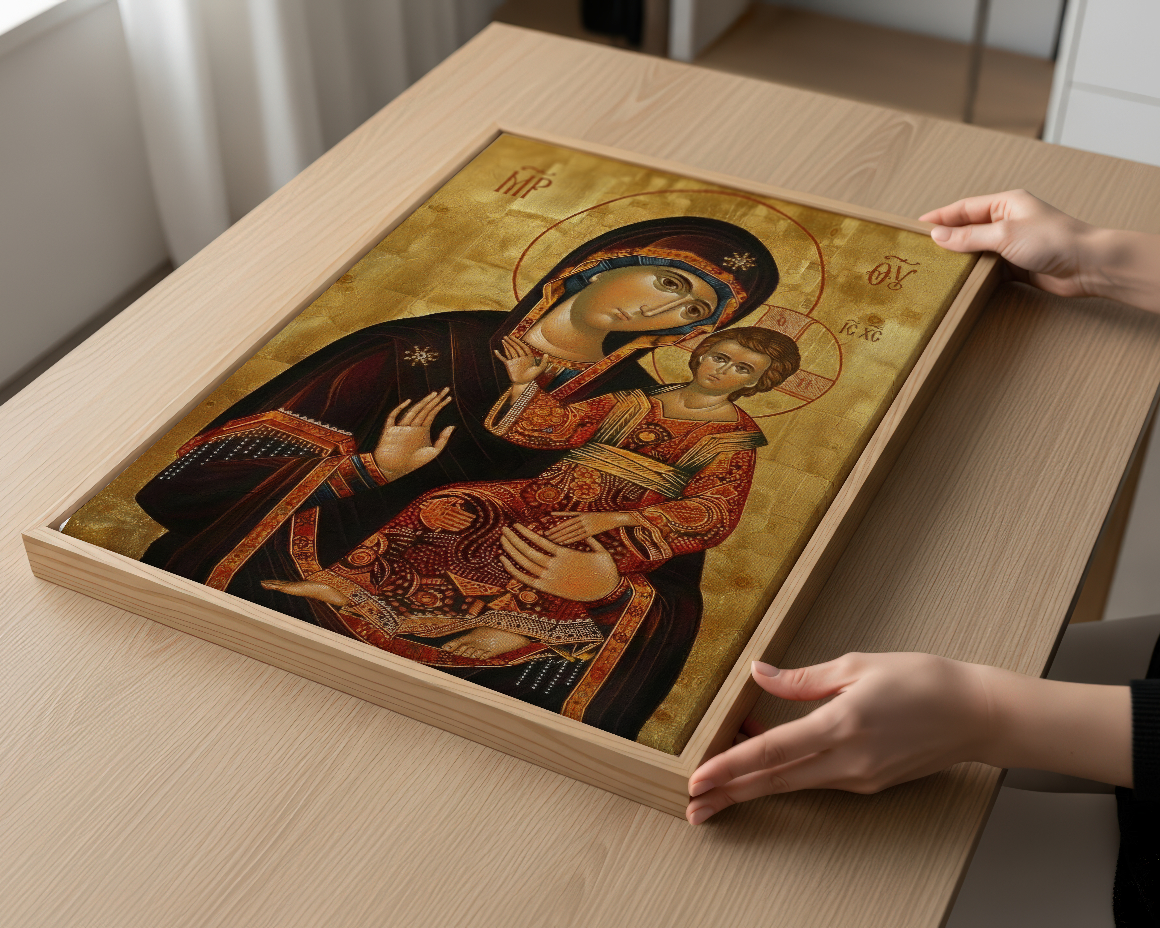 Virgin Mary and Child Orthodox Icon, Theotokos print, Baptism and Family Blessing Gift