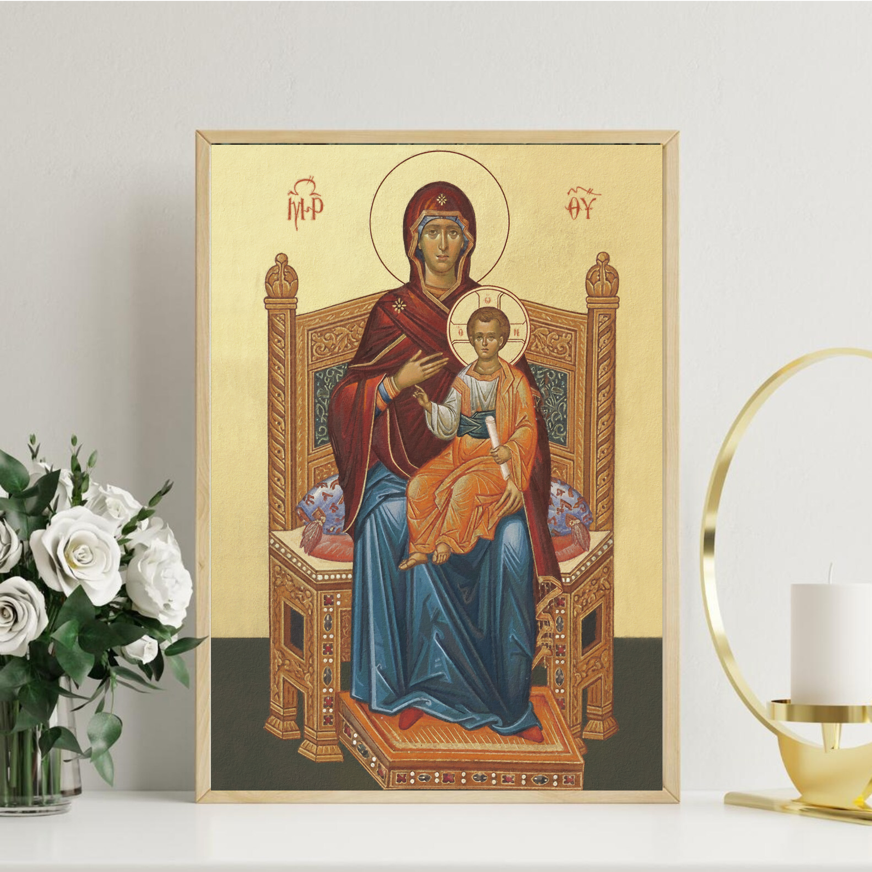 Mother of God Enthroned Orthodox Icon Wall Art, Marian Throne Devotional Art, Holygraceart