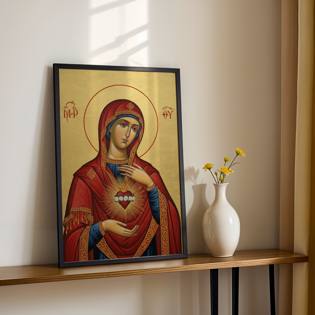 Virgin Mary Immaculate Heart Orthodox Icon Wall Art, Marian Sacred Home Accent