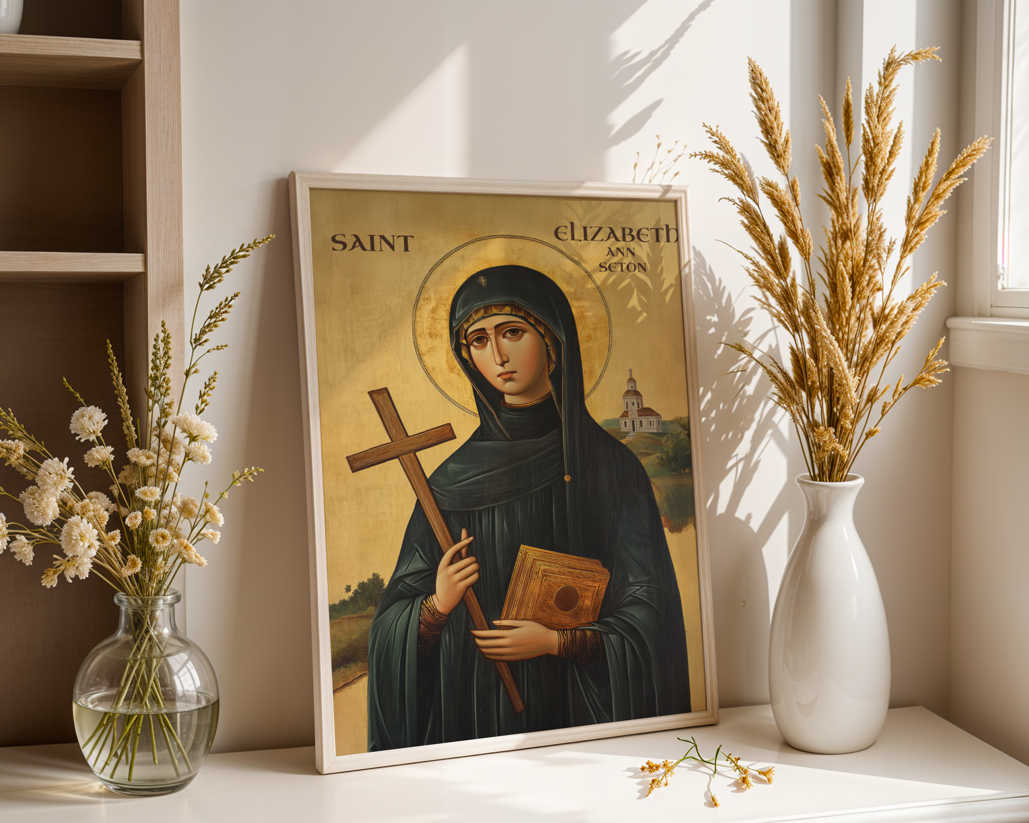 Saint Elizabeth Ann Seton Icon Wall Art, Teaching and Motherhood Gift Orthodox Decor