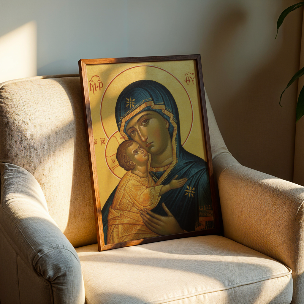 Virgin Mary and Child Orthodox Icon Print, New Parents Gift, Marian Nursery Blessing