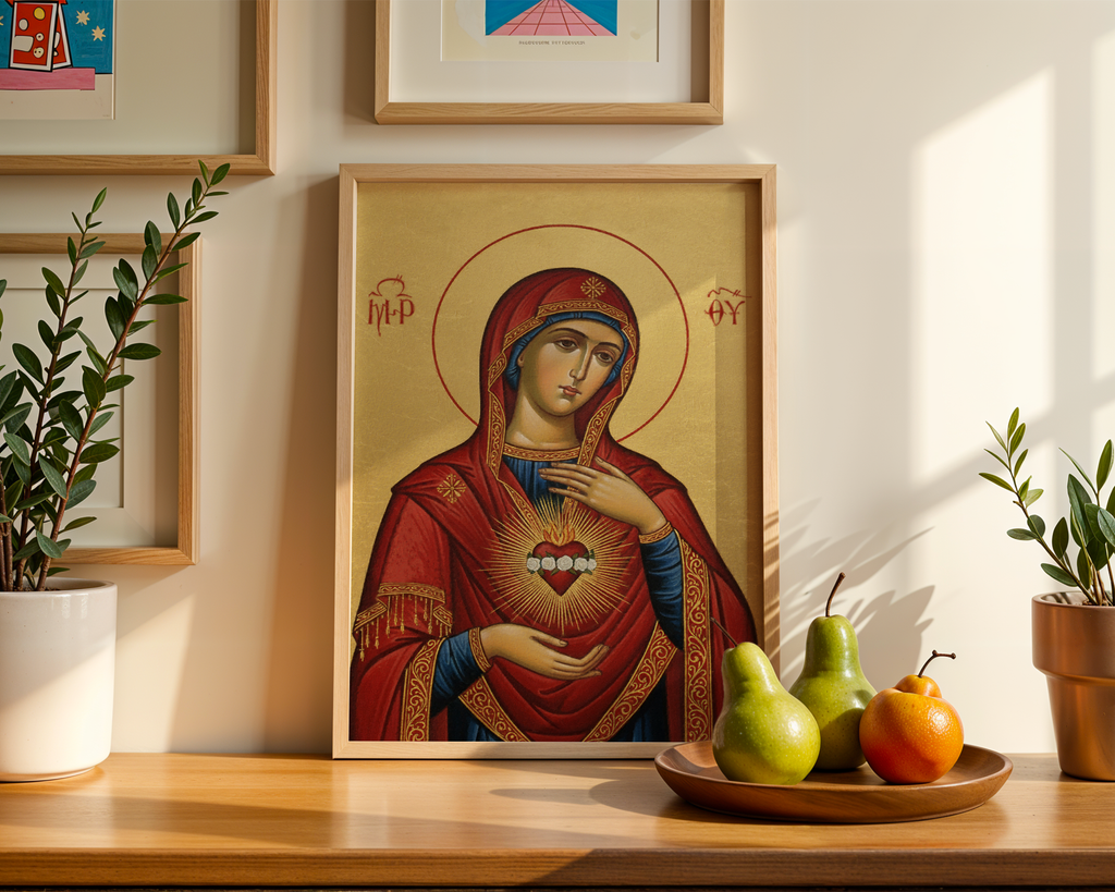Virgin Mary Immaculate Heart Orthodox Icon Wall Art, Marian Sacred Home Accent