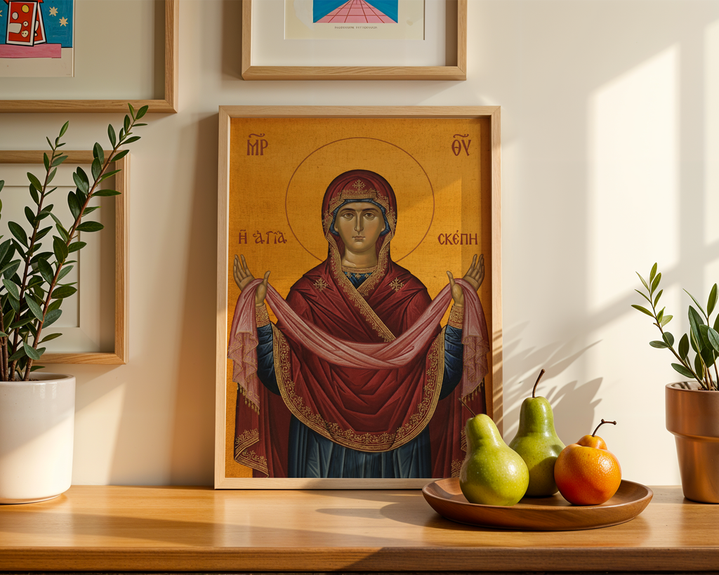 The Holy Protection of the Theotokos Icon Print, Family Gift, Home Altar Wall Art