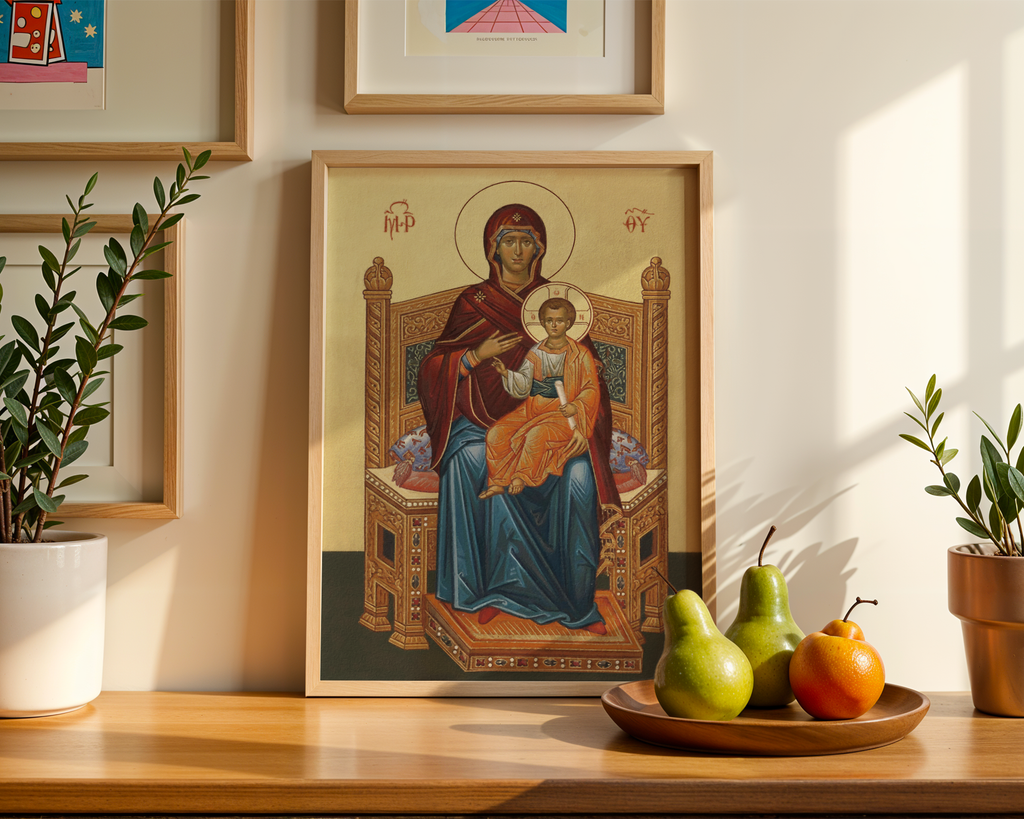 Mother of God Enthroned Orthodox Icon Wall Art, Marian Throne Devotional Art, Holygraceart