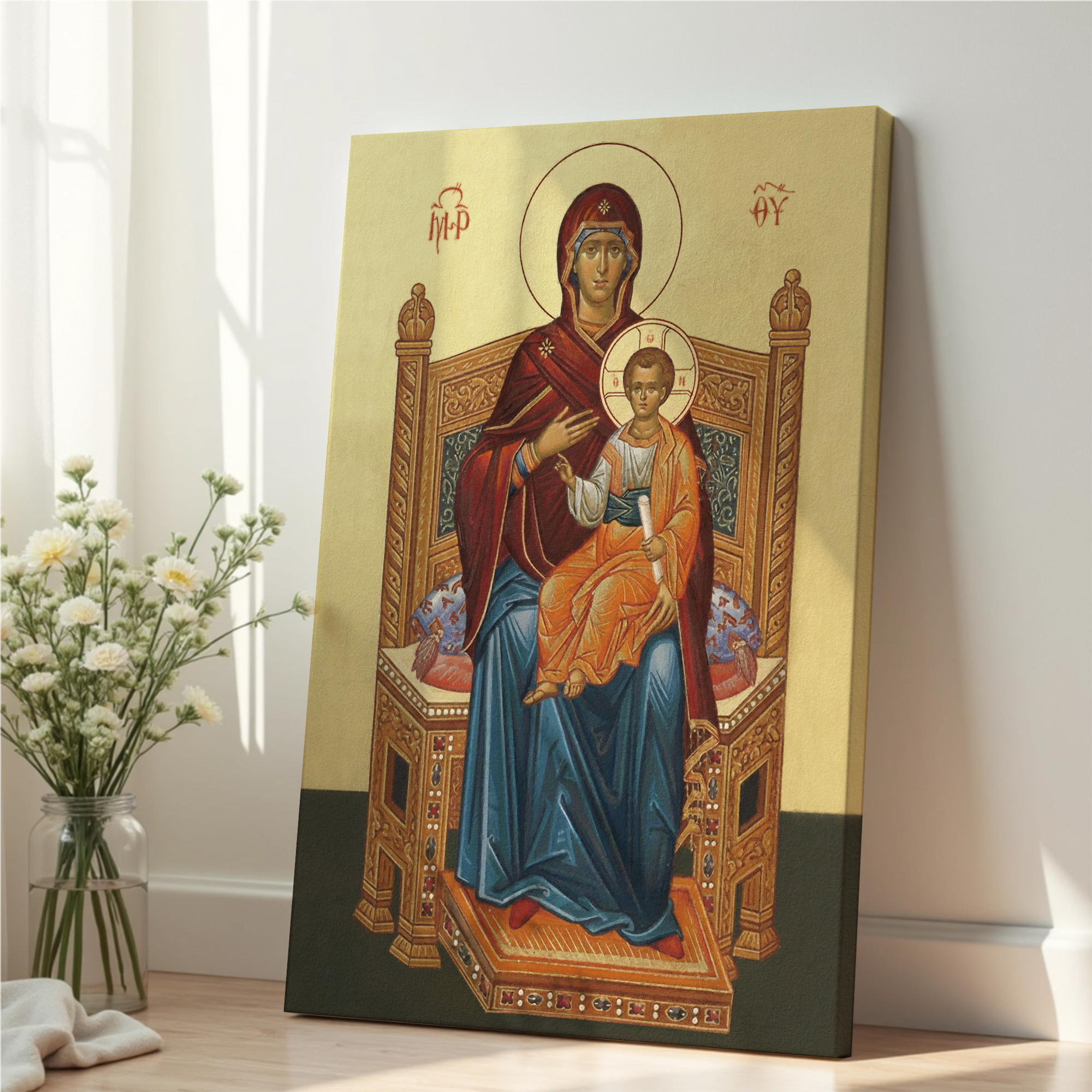 Mother of God Enthroned Orthodox Icon Wall Art, Marian Throne Devotional Art, Holygraceart