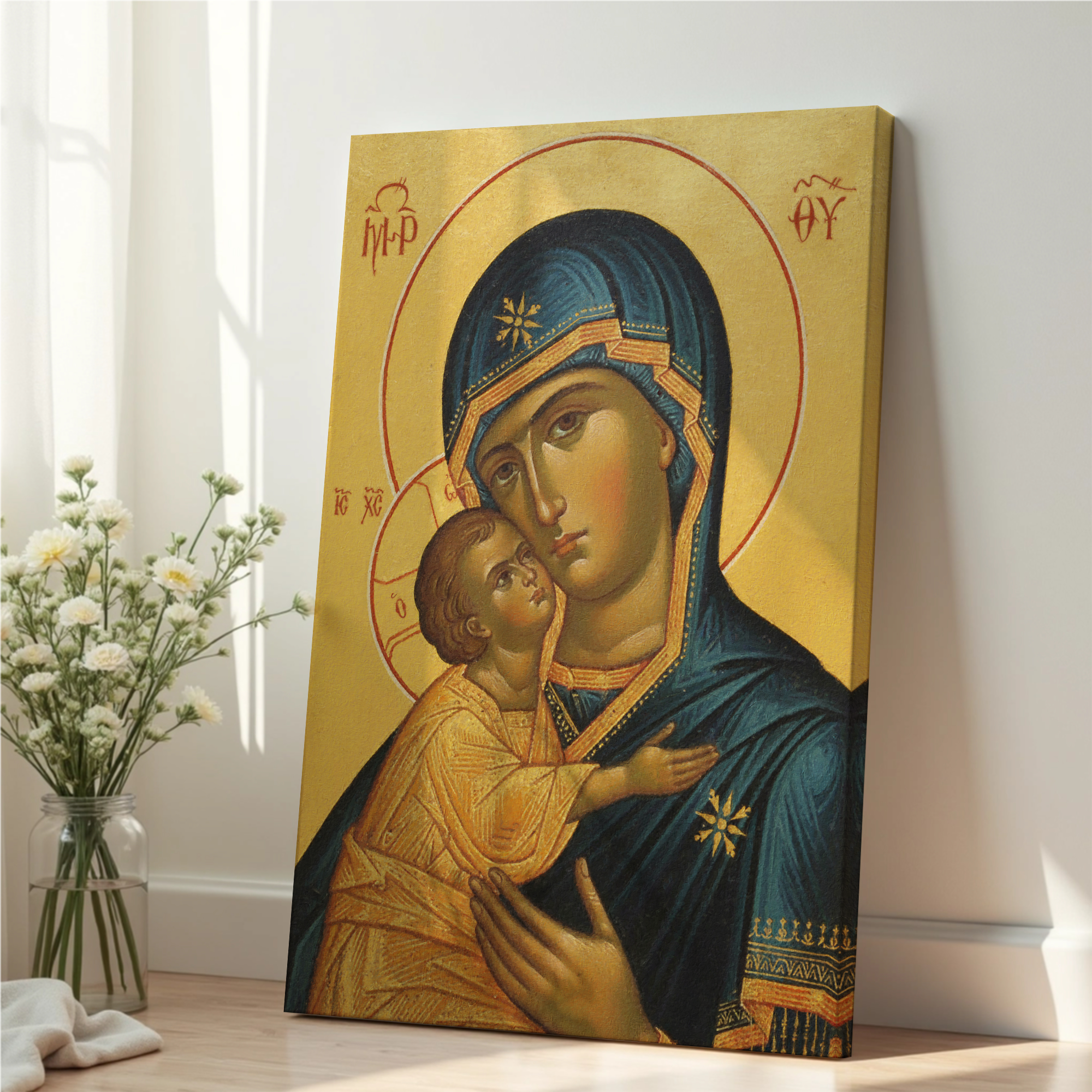 Virgin Mary and Child Orthodox Icon Print, New Parents Gift, Marian Nursery Blessing