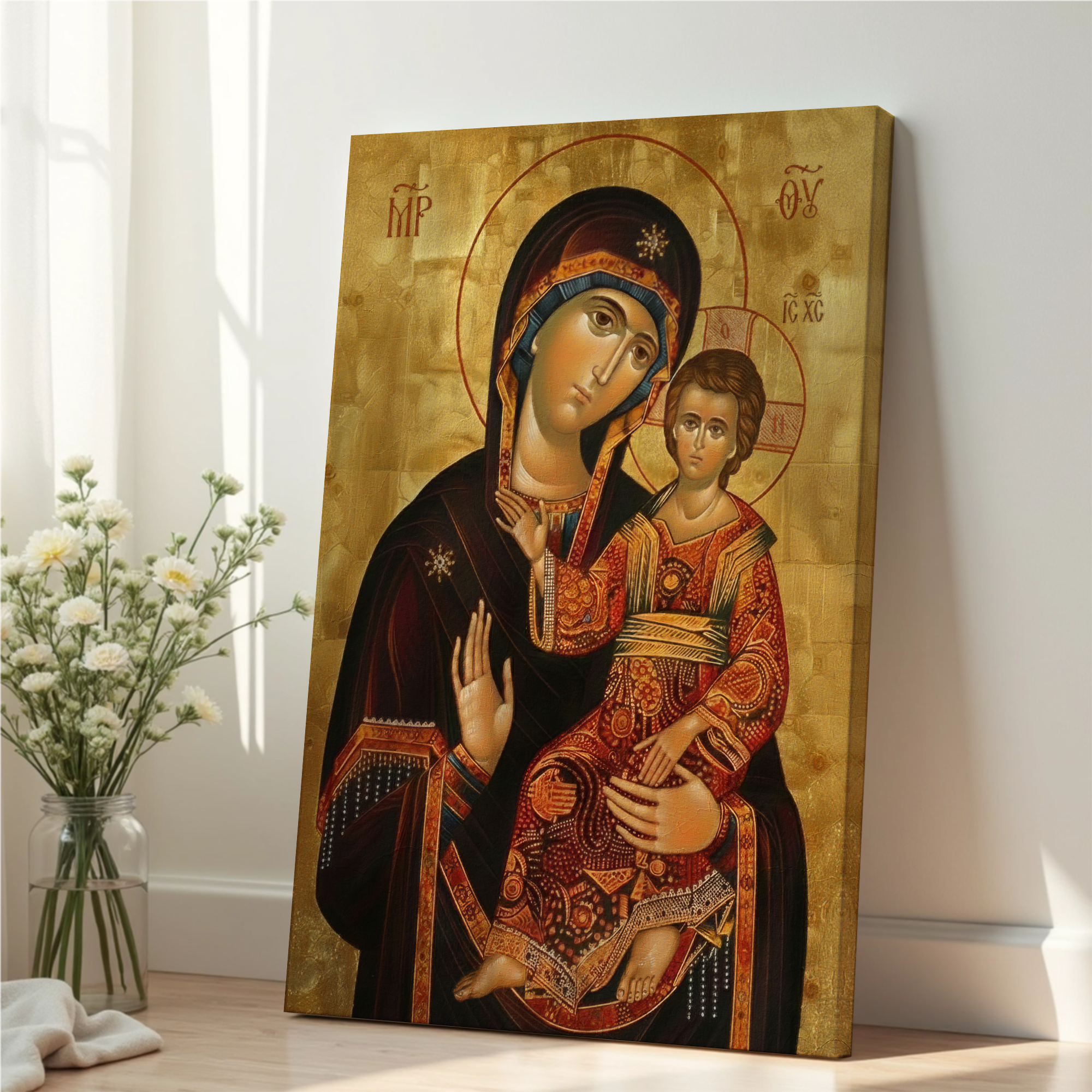 Virgin Mary and Child Orthodox Icon, Theotokos print, Baptism and Family Blessing Gift
