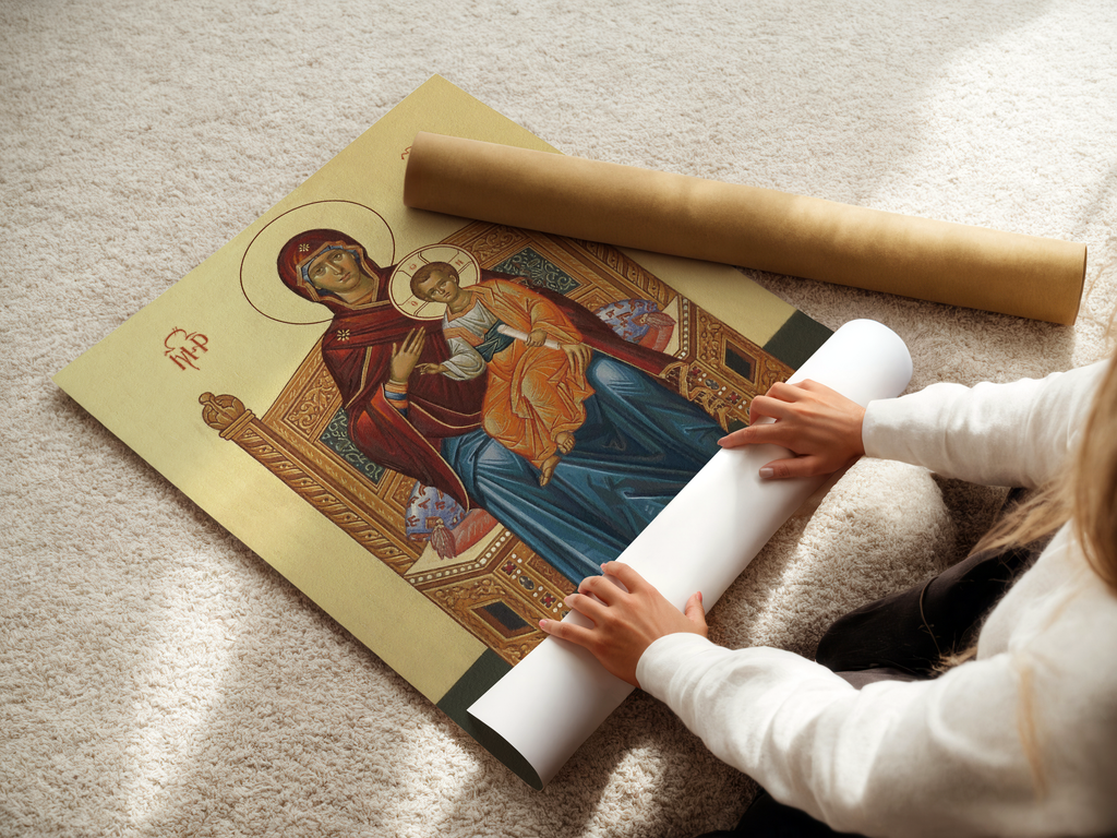 Mother of God Enthroned Orthodox Icon Wall Art, Marian Throne Devotional Art, Holygraceart