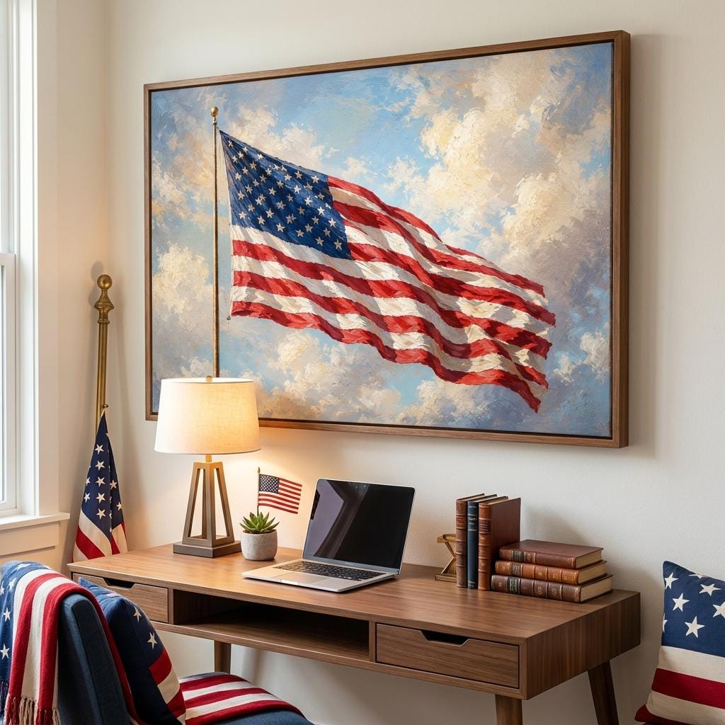 American Flag Oil Painting Print: Majestic Americana Canvas Art, Patriotic Home Decor