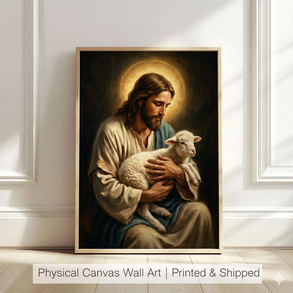 Good Shepherd Jesus Canvas Print, Christ Holding Lamb Painting, Religious Home Decor Poster
