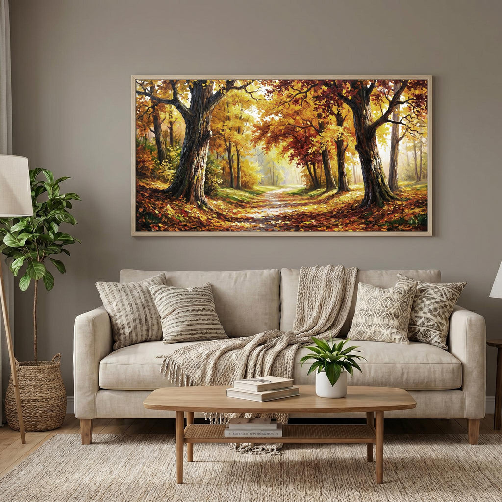 Autumn Forest Panoramic Oil Painting, Extra Wide Fall Landscape Canvas Print, Golden Tree Path Wall Art Decor