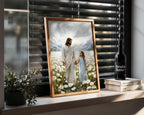 Jesus Walking with Child in Daisy Field Painting, Christian Wall Art, Religious Nursery Decor, Impasto Oil Canvas