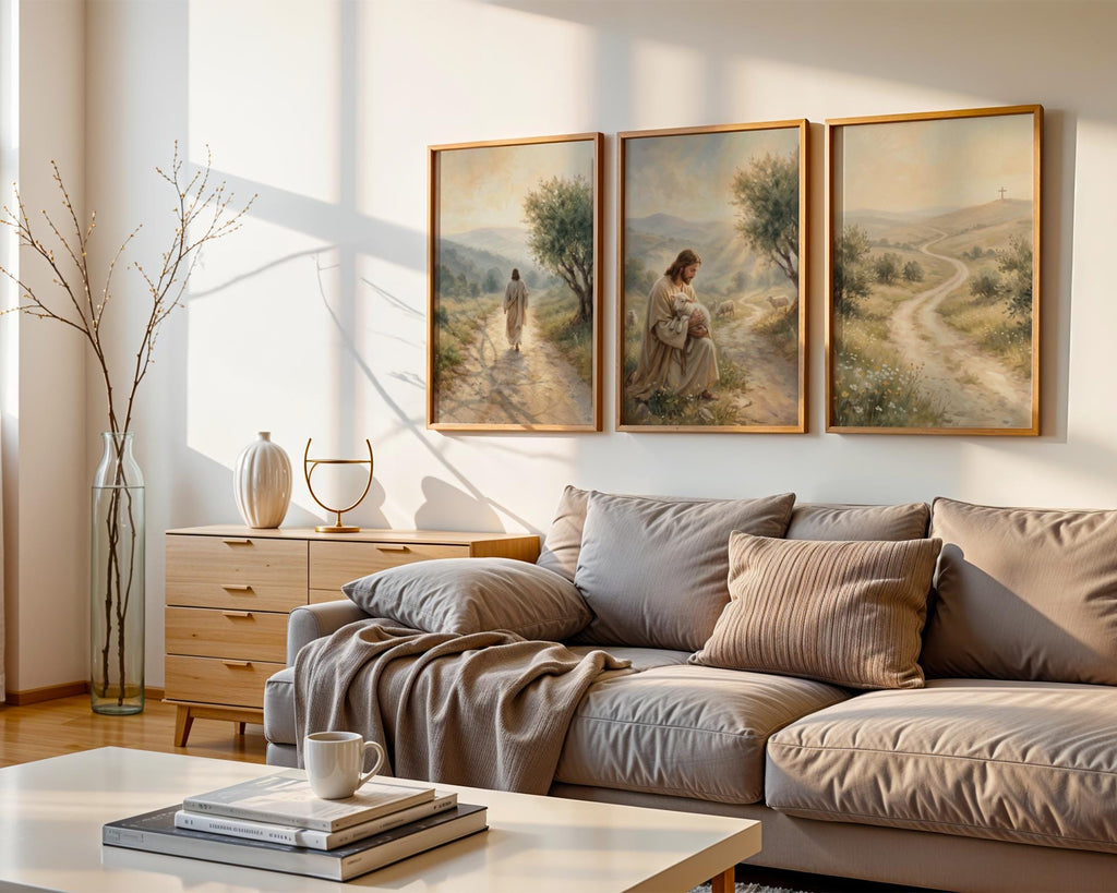 Jesus Triptych Canvas Art, Shepherd Lamb Painting, Christian Faith Decor, Neutral Beige Poster