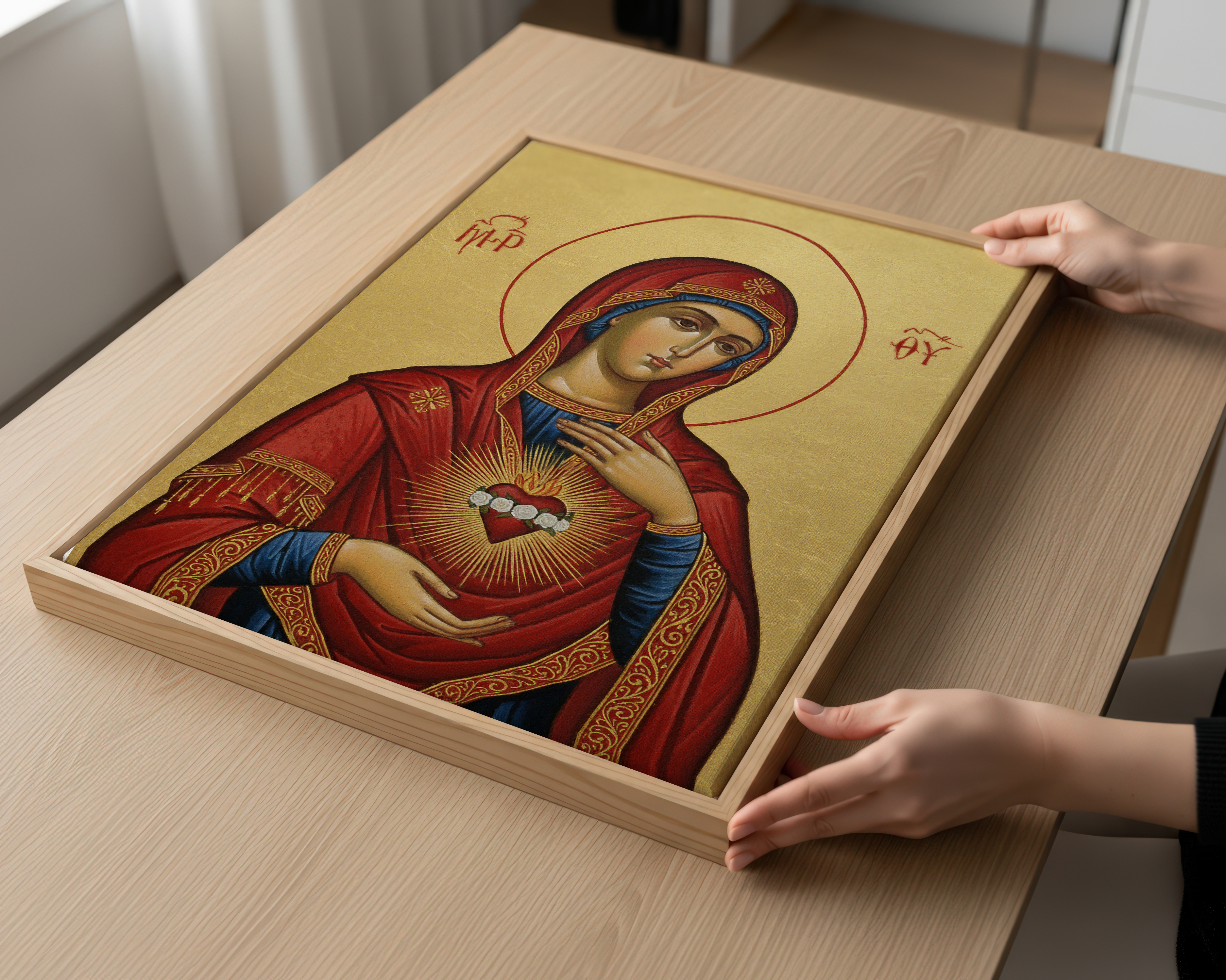 Virgin Mary Immaculate Heart Orthodox Icon Wall Art, Marian Sacred Home Accent