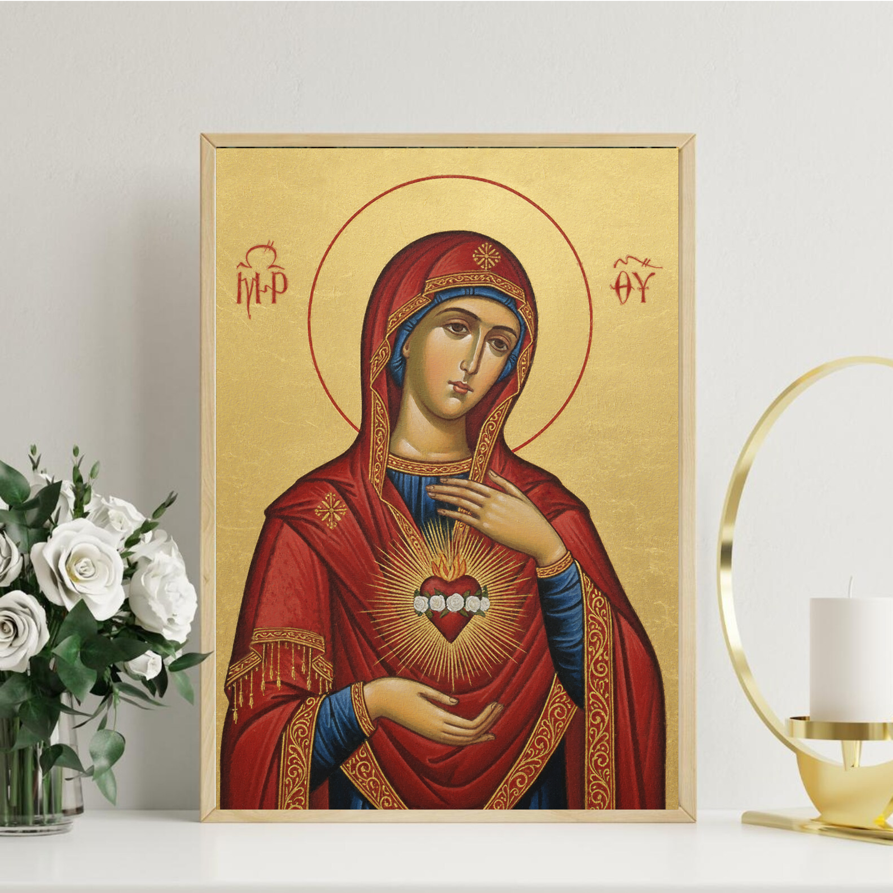 Virgin Mary Immaculate Heart Orthodox Icon Wall Art, Marian Sacred Home Accent