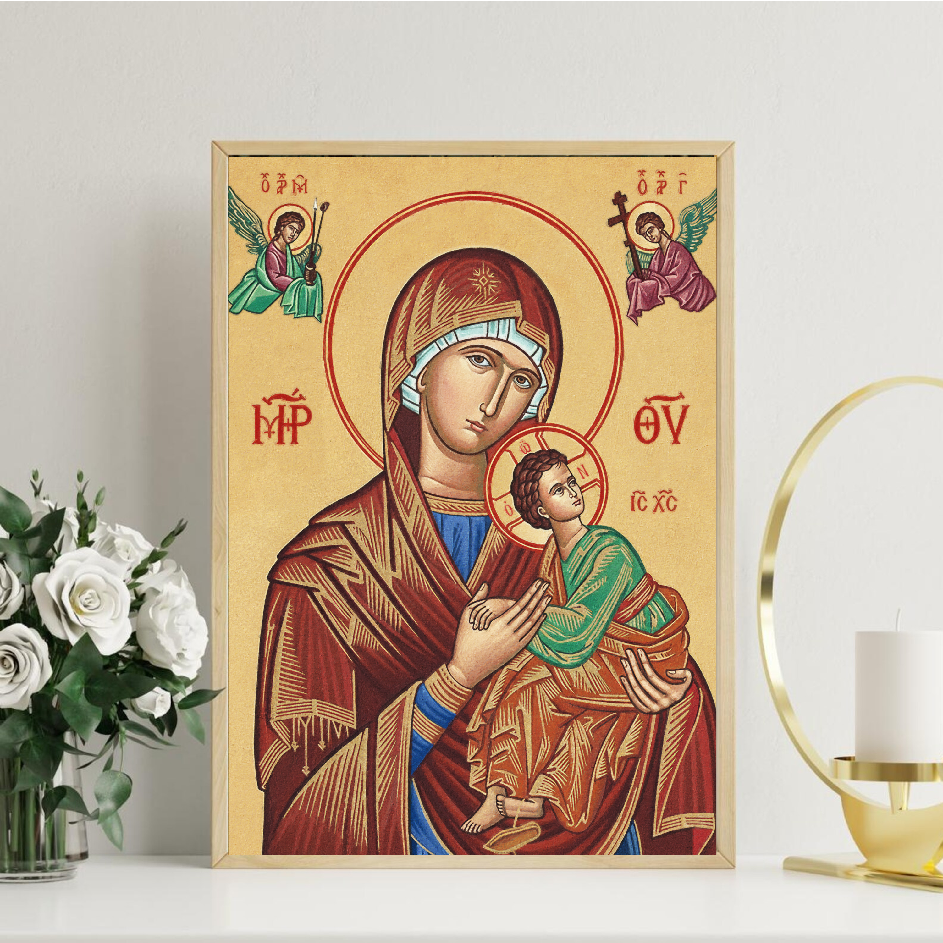 Virgin Mary and God Orthodox Icon Print, Marian Devotion Gift, Baby Blessing Gift