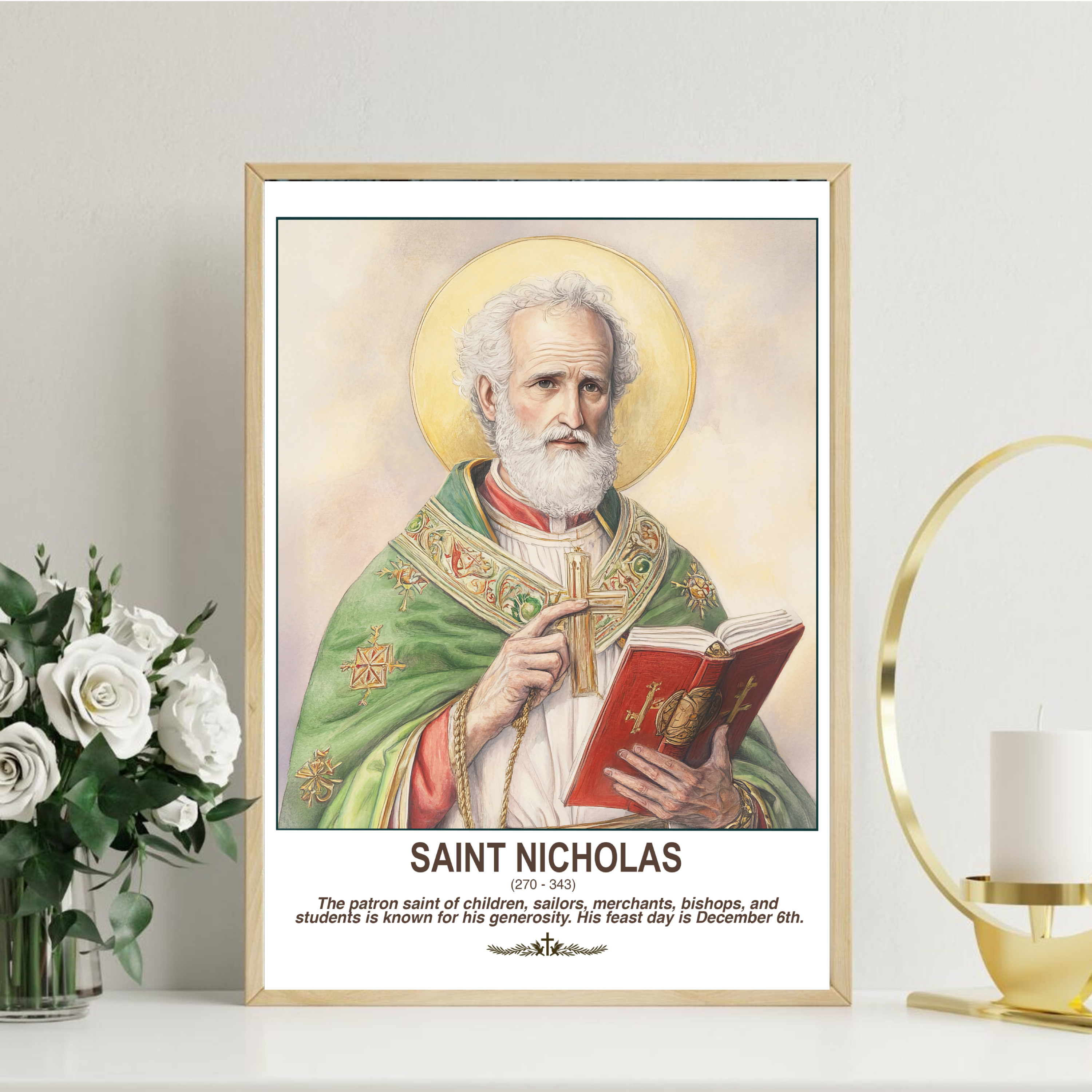 Saint Nicholas Catholic Wall Art Print, Bishop Saint Portrait Decor, Faith-Inspired Gift, Holygraceart H03