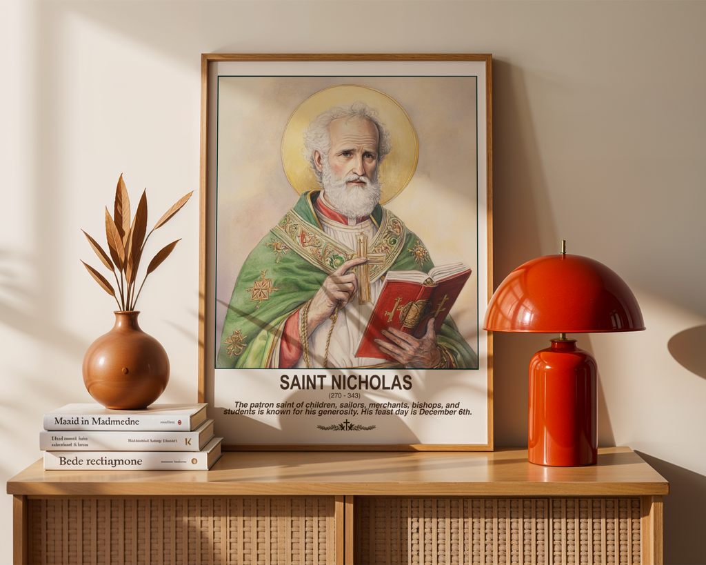 Saint Nicholas Catholic Wall Art Print, Bishop Saint Portrait Decor, Faith-Inspired Gift, Holygraceart H03