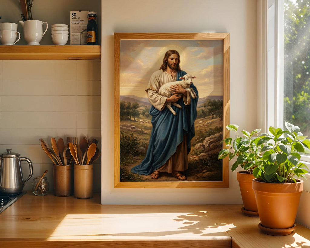 Good Shepherd Jesus Canvas Print, Christ Lamb Painting, Religious Home Decor Poster