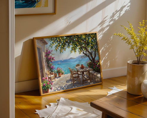 Amalfi Coast Lemon Tree Wall Art, Mediterranean Sea View Oil Painting, Italy Coastal Terrace Canvas, Summer Home Decor