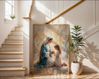Virgin Mary Praying with Child Canvas Print, Marian Mother Daughter Faith Art