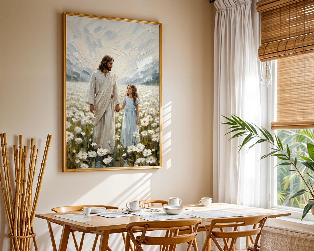 Jesus Walking with Child in Daisy Field Painting, Christian Wall Art, Religious Nursery Decor, Impasto Oil Canvas