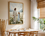 Jesus Walking with Child in Daisy Field Painting, Christian Wall Art, Religious Nursery Decor, Impasto Oil Canvas