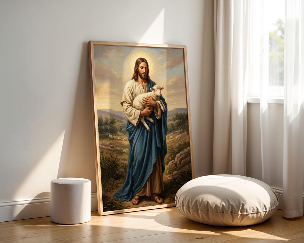 Good Shepherd Jesus Canvas Print, Christ Lamb Painting, Religious Home Decor Poster