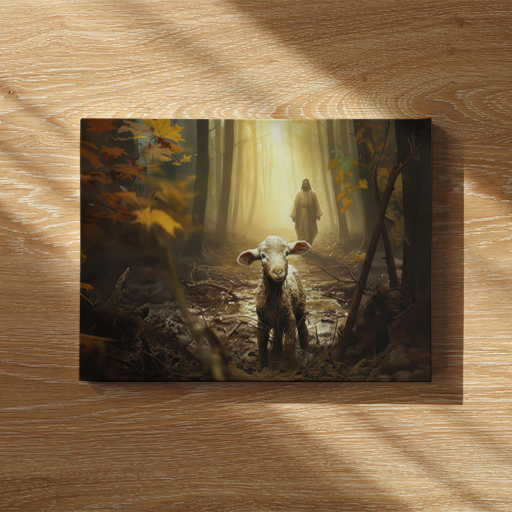 Lost Lamb Canvas Art: Jesus, Good Shepherd, Forest Light