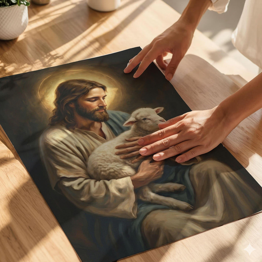 Good Shepherd Jesus Canvas Print, Christ Holding Lamb Painting, Religious Home Decor Poster